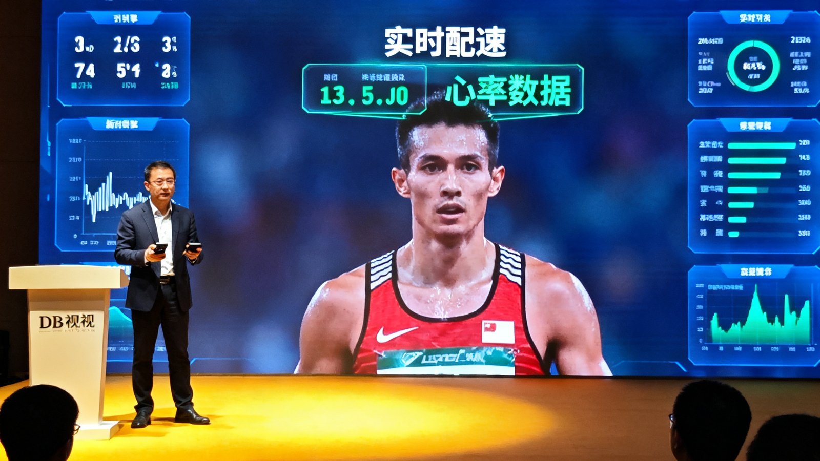 DB视讯第四代AR视讯融合引擎发布会的现场照片，演讲台上技术总监正在演示新引擎的实时数据叠加效果，大屏幕上展示着运动员头顶悬浮的实时配速和心率数据